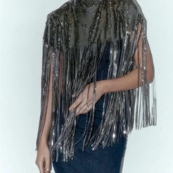 Zara Silver Sequin Cape - Picture 2 of 6